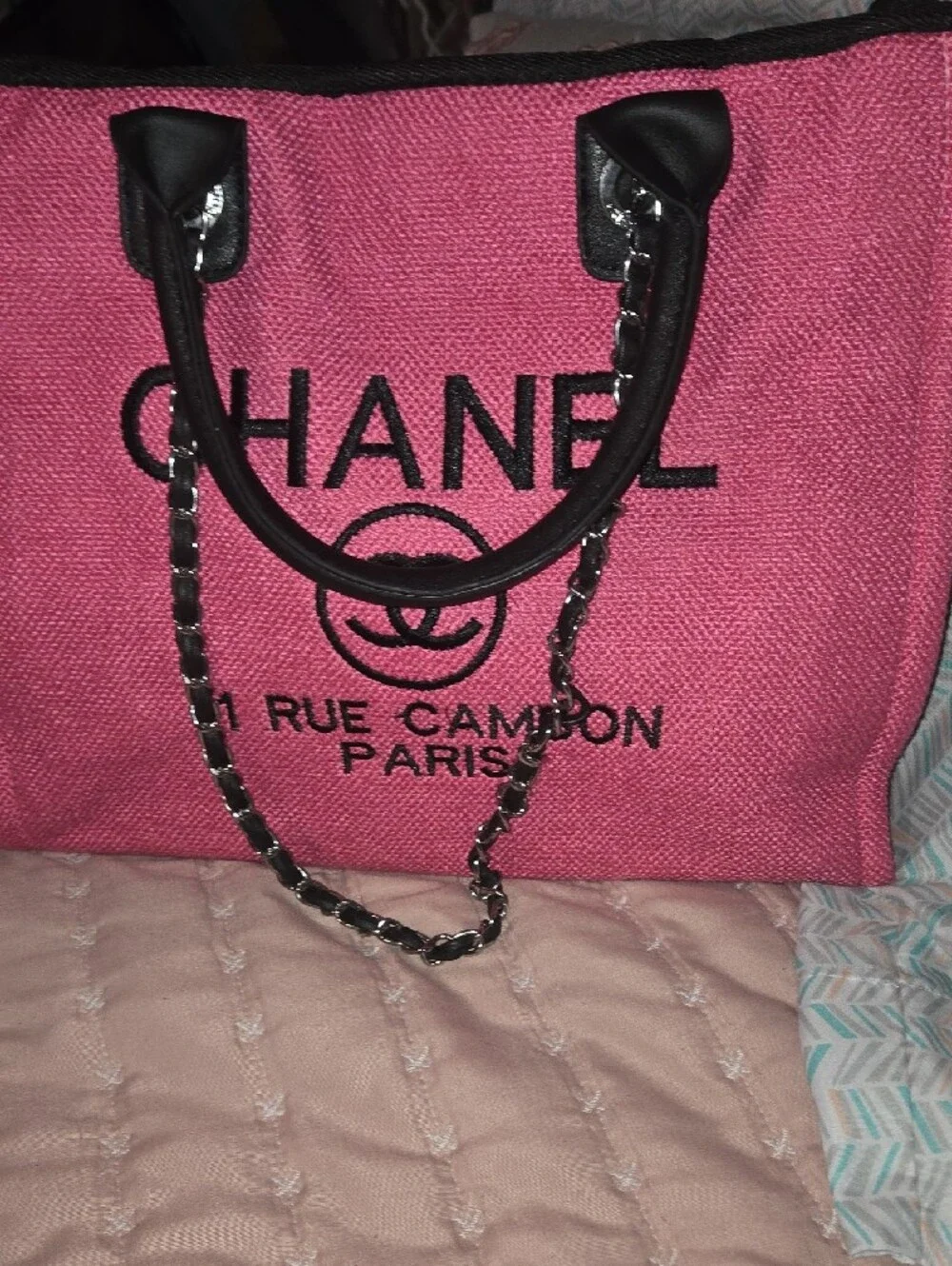 CHANEL Pink Canvas Tote with Black Logo and Trim